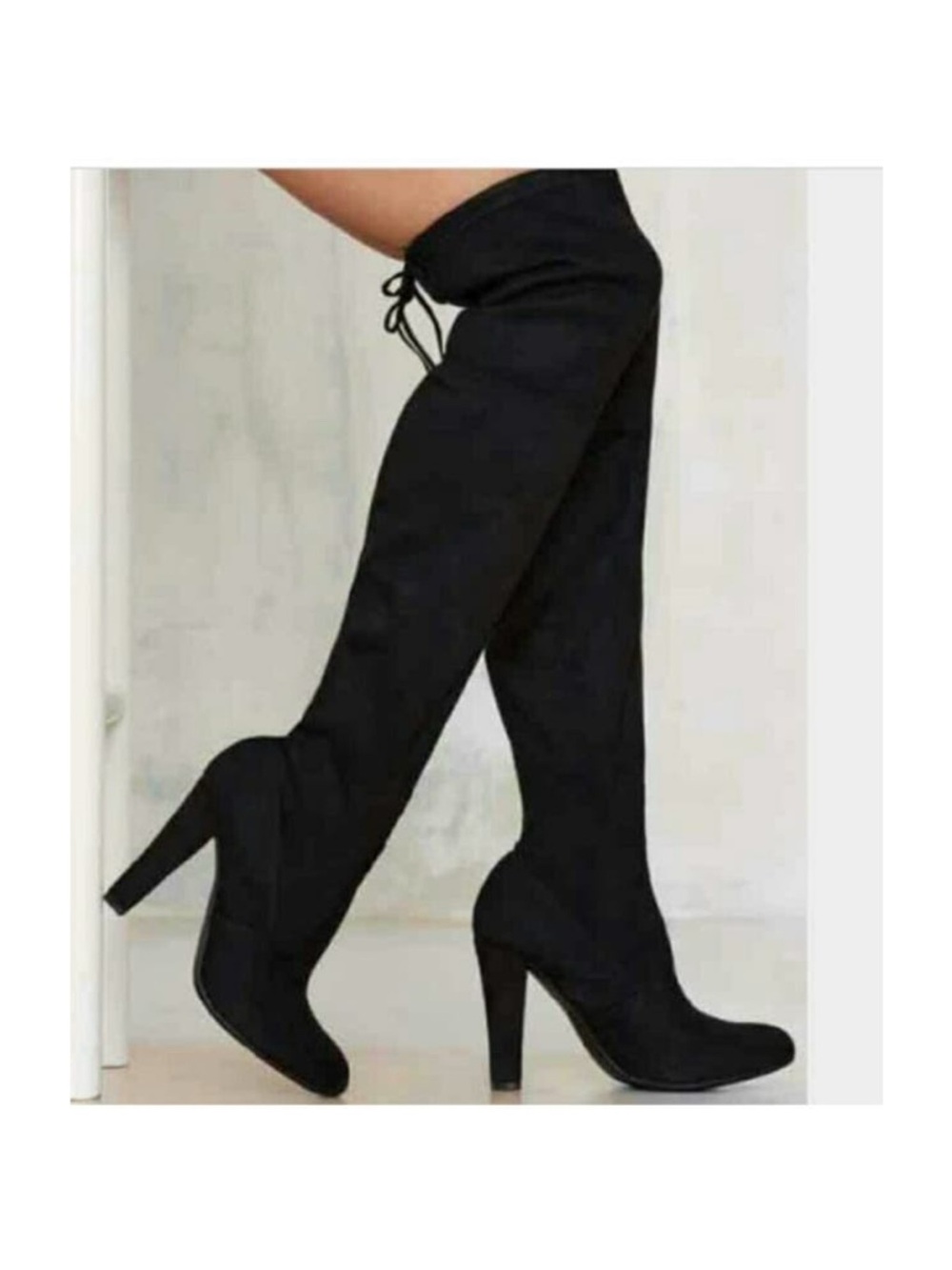 Steve Madden Black “Gorgeous” Over-the-Knee Suede Tie-Back Heel Boots - Picture 2 of 6